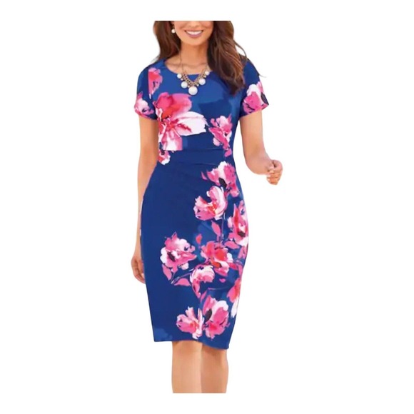 Monroe & Main Dresses & Skirts - Monroe & Main Pleat-Side Floral Office Casual Brunch Stretch Knit Church Dress